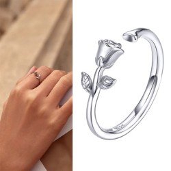 Rosa romántica flor en plata de ley anillo mujer