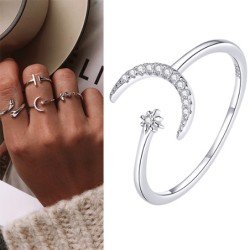 anillo en plata de luna y estrella con brillantes ajustable