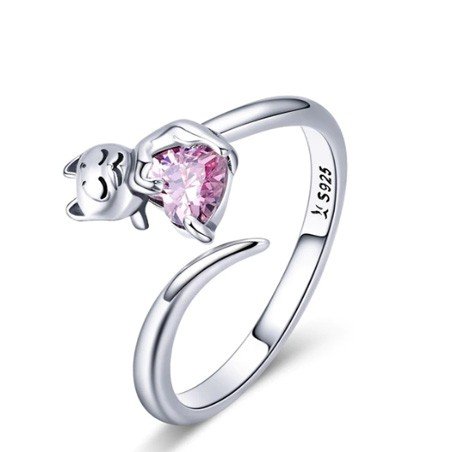 Gatito y brillante corazón rosa anillo plata mujer