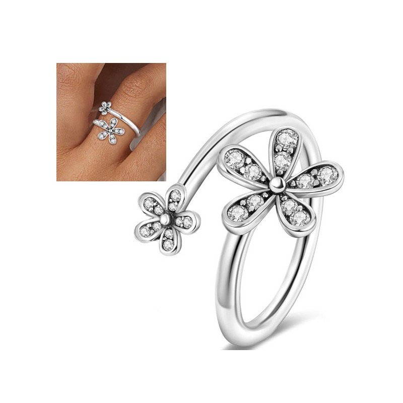 Anillo flores brillantes en plata de ley ajustable mujer