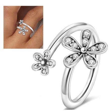 Anillo flores brillantes en plata de ley ajustable mujer