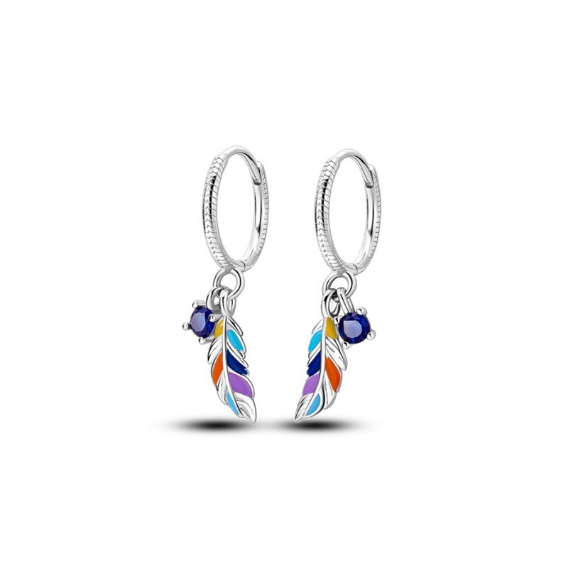 Pendientes plata aro mujer con pluma esmaltada y brillante