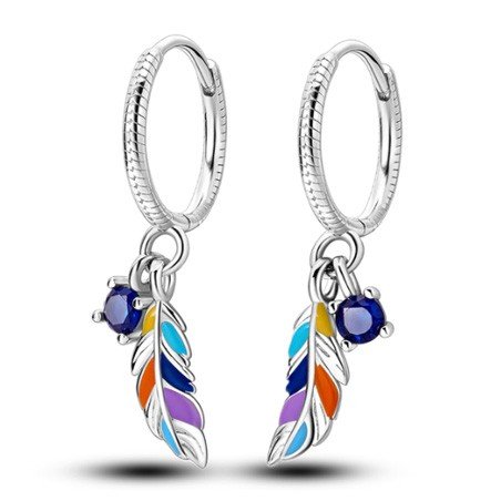 Pendientes plata aro mujer con pluma esmaltada y brillante