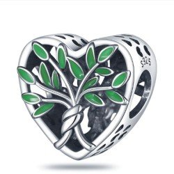 Árbol de la vida corazón charm hojas esmaltadas plata