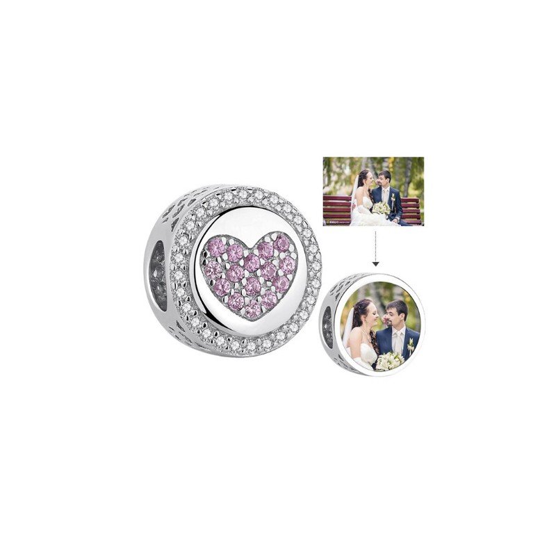 Charm redondo corazón rosa con foto personalizado amor