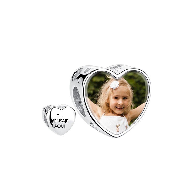 Tu mensaje y foto personalizada charm corazón plata de ley