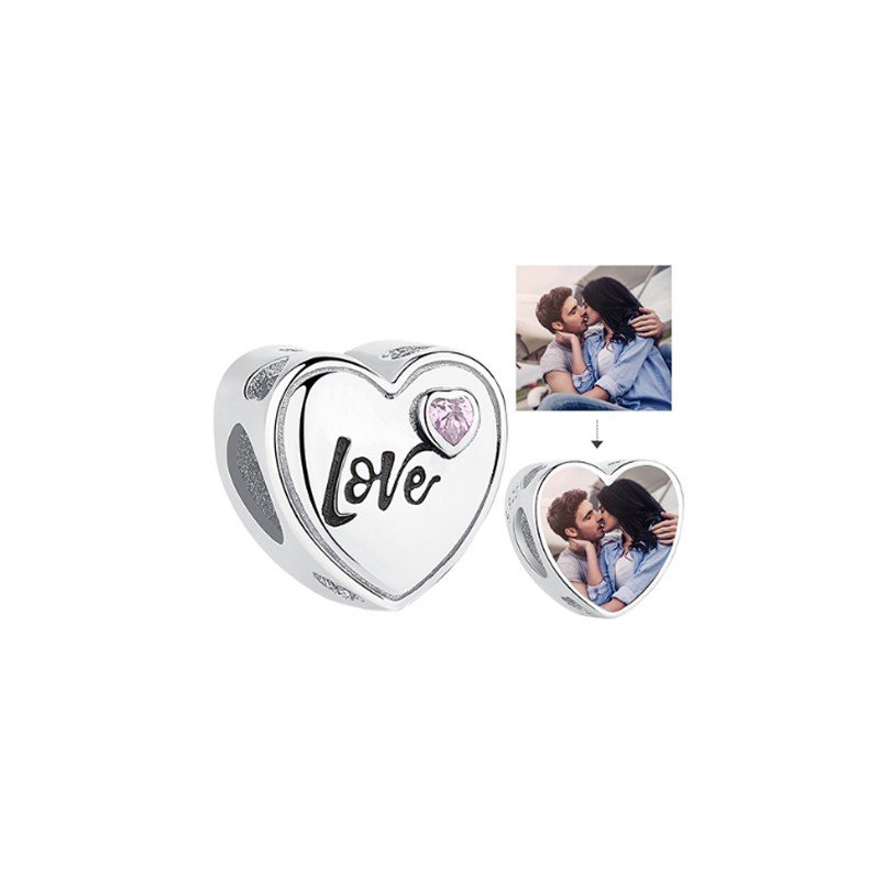 Charm LOVE corazón con foto brillante rosa en plata