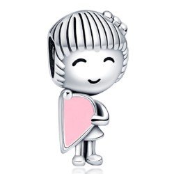 Niña medio corazón rosa charm plata