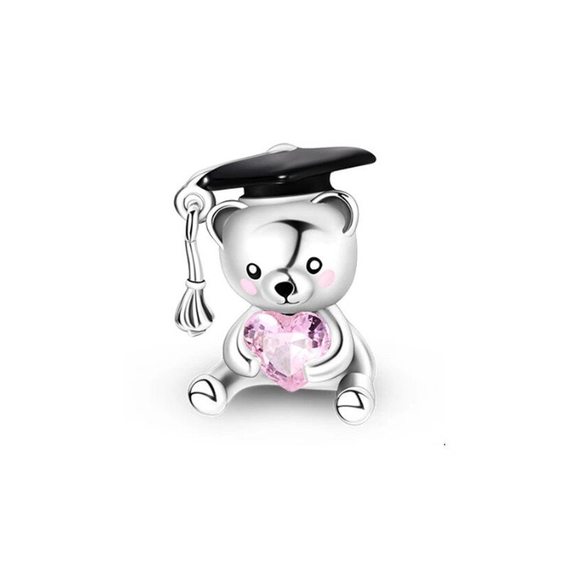 Charm oso plata de ley diplomático con corazón rosa