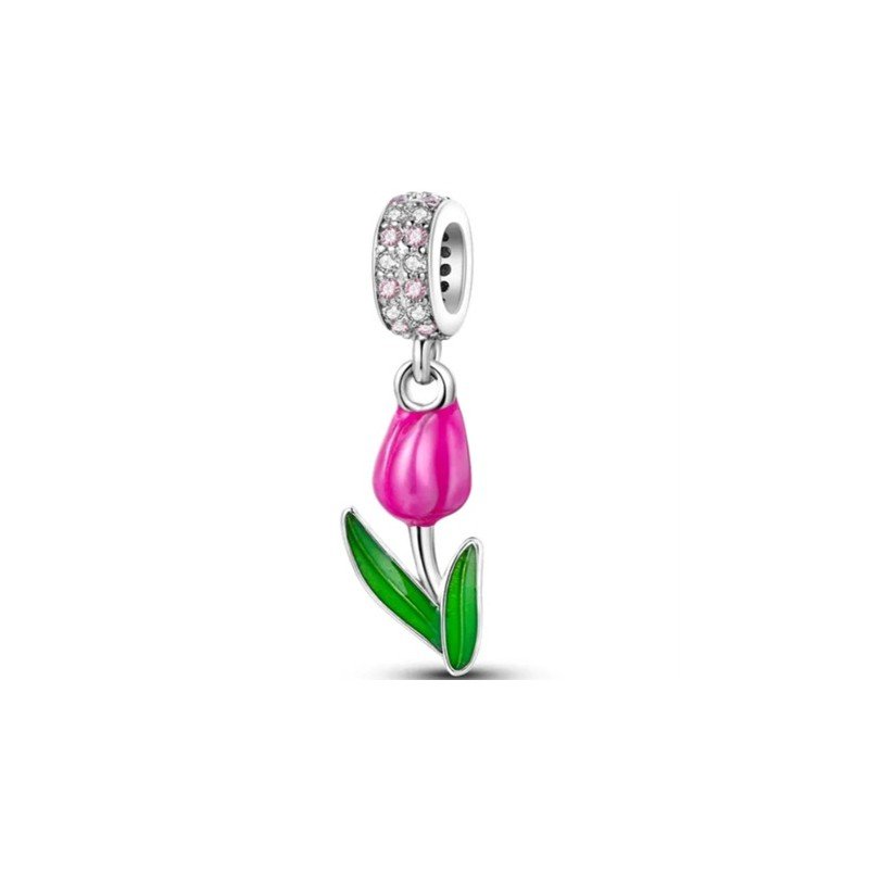 Flor tulipán rosa charm plata colgante