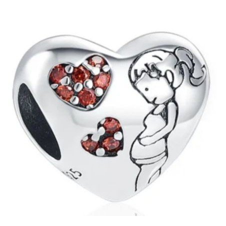 Charm embarazada corazones granate plata madre