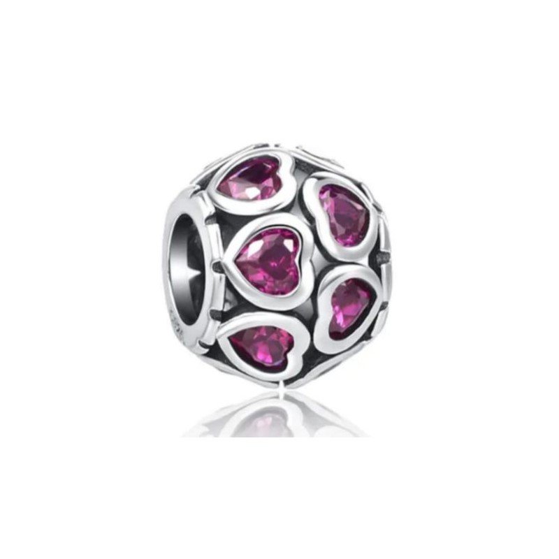 Bola corazones fucsia charm plata de ley amor