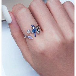 Anillo de pájaro azul naturaleza plata de ley ajustable mujer