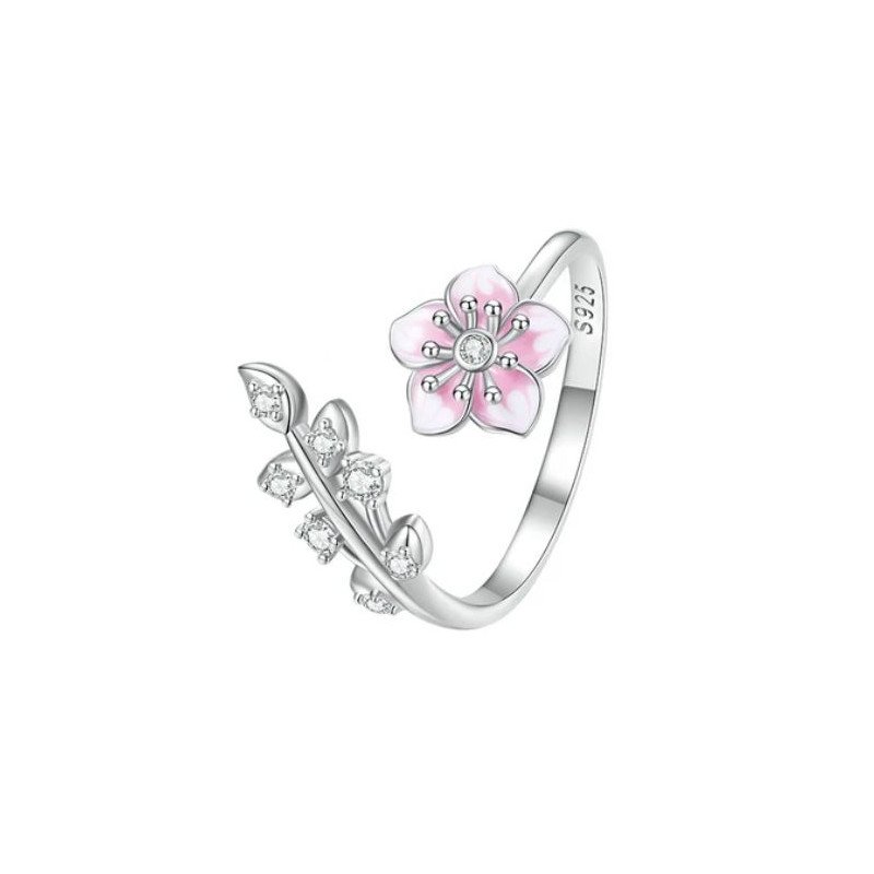 Anillo floral rosado plata de ley circonitas mujer ajustable