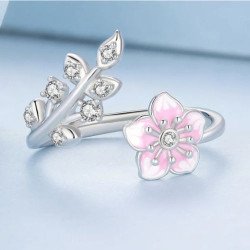 Anillo floral rosado plata de ley circonitas mujer ajustable