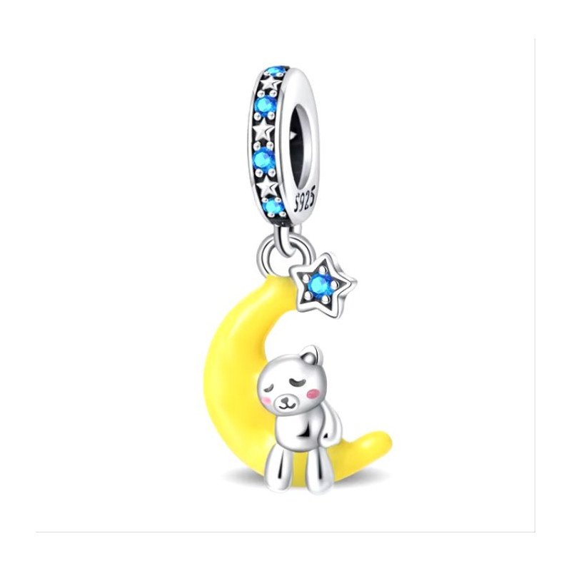 Luna y oso charm colgante luminoso en la oscuridad plata de ley