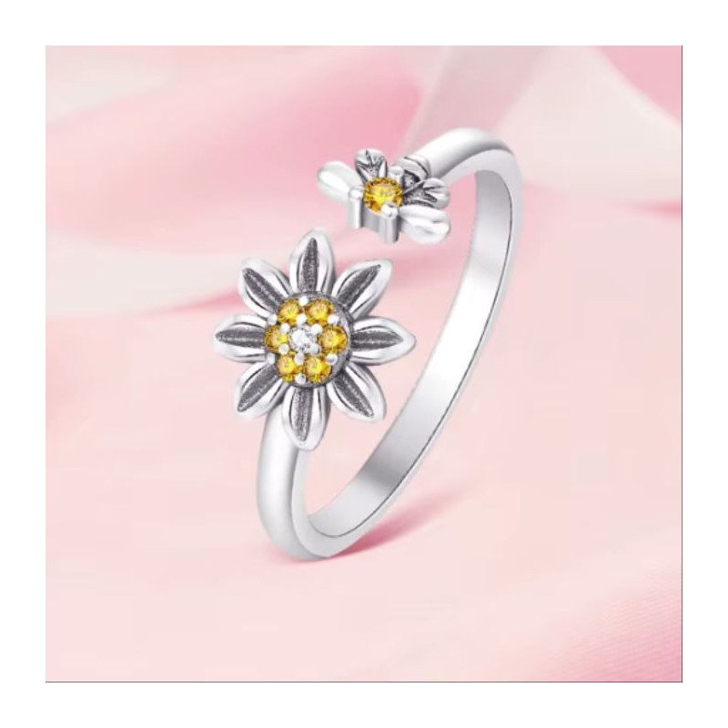 Anillo ajustable naturaleza abeja y flor plata de ley