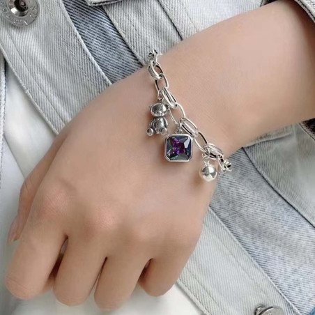 Pulsera eslabones plata oso cristal AAA circonita y bola plata de ley Pulsera eslabones plata oso cristal AAA circonita y bola plata de ley