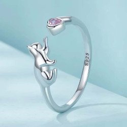 Anillo ajustable de gato y corazón circonita para mujer Plata de Ley 925