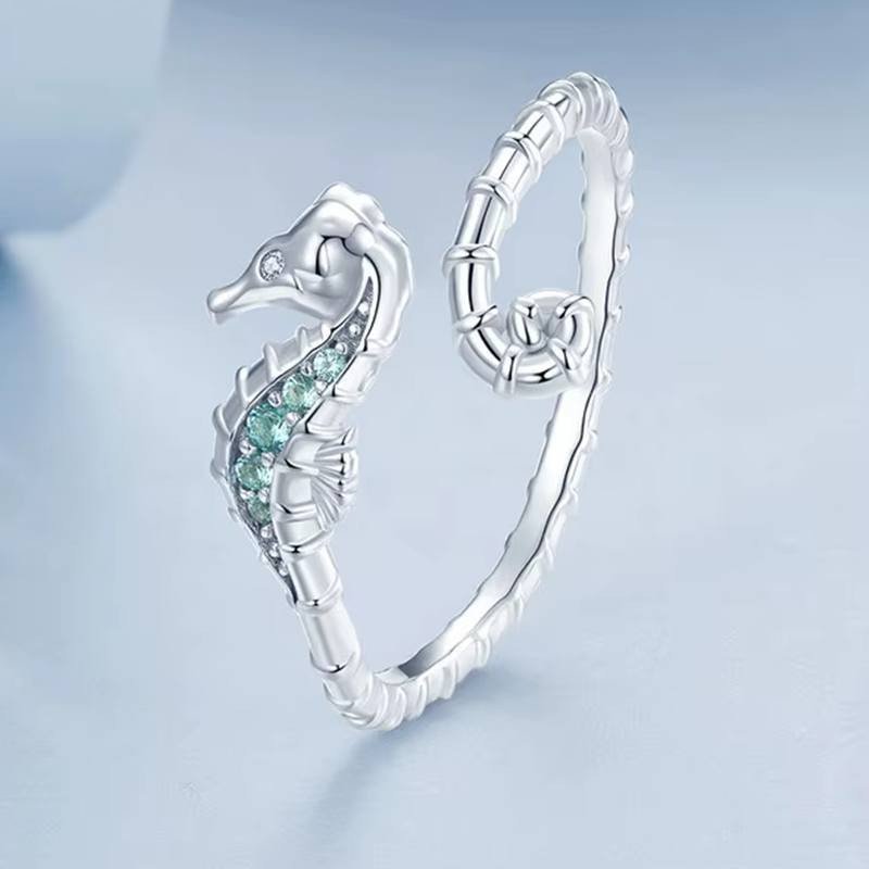 Caballito de mar circonitas turquesa anillo plata ajustable joyería mujer