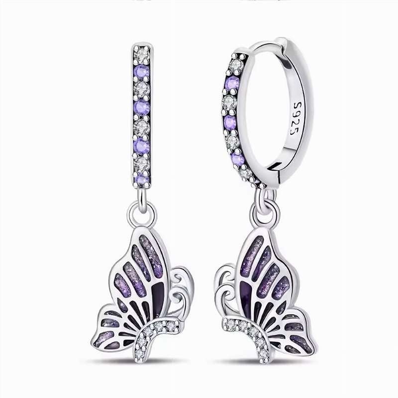 Pendientes mariposas esmaltadas violeta circonitas plata S925 regalo naturaleza