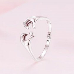 Anillo de plata manos corazones abierto ajustable para mujer S925