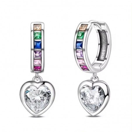 Pendientes corazón de aro con circonitas multicolor plata mujer