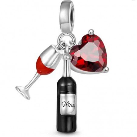 Charm botella vino corazón y copa triple plata colgante compatible Charm botella vino corazón y copa triple plata colgante compatible