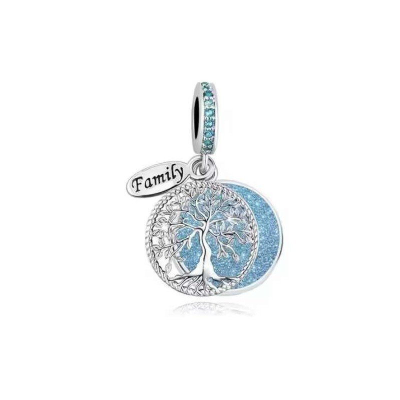 Árbol de la vida charm plata colgante redondo purpurina azul Family