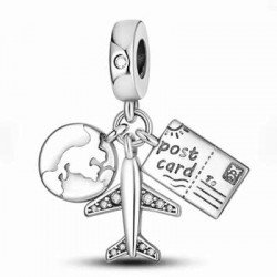 Viajes avión charm postal card compatible plata de ley S925