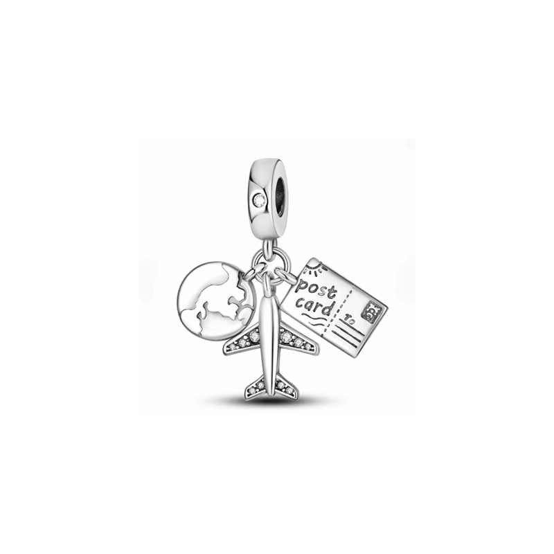 Viajes avión charm postal card compatible plata de ley S925